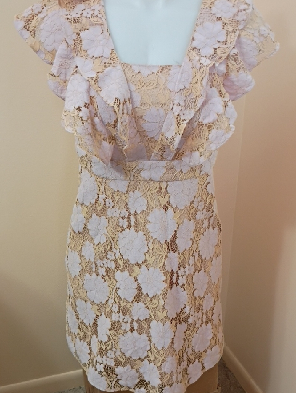 Charles Henry Cream and Gold Lace Ruffle Mini Dress
